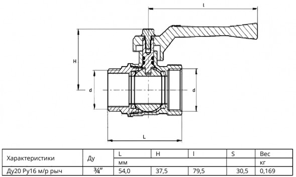 Кран шаровой латунный SantechSystems 11б27п1 DN 20 PN 16 резьба - 3/4&amp;#039;&amp;#039;, неполнопроходной, резьбовой ВР-НР, ручка-рычаг красная