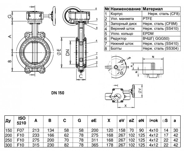 Затвор дисковый нержавеющий Benarmo 2040R DN 150 PN 16 поворотный межфланцевый с редуктором