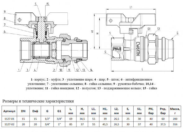 Кран шаровой латунный Aquasfera Standard 1127 DN 20 PN 40 резьба - 3/4&amp;#039;&amp;#039;, покрытие - никель, полнопроходной резьбовой ВР-НР с американкой и уплотнительным кольцом, ручка-бабочка белая 1127-02