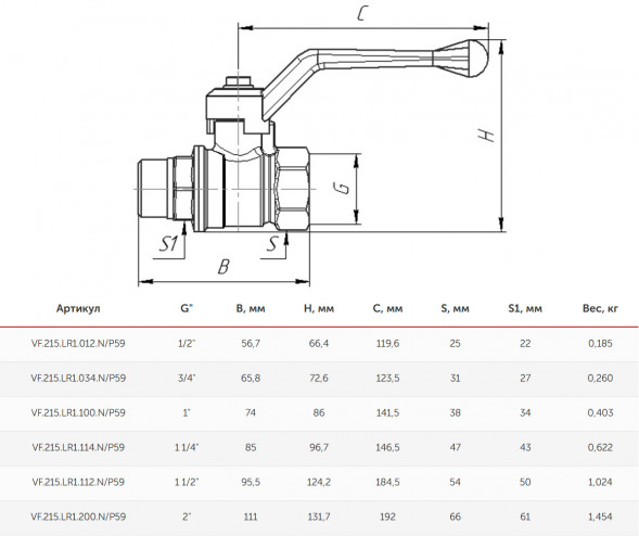 Кран шаровый VALFEX STANDART VF.215 ВР-НР 1 1/4&amp;quot; Ду 32 Ру 40 латунный