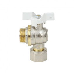 Кран шаровой латунный угловой Aquasfera Standard 1123 DN 15 PN 40 резьба - 1/2'', покрытие - никель, полнопроходной резьбовой НР-ВР с накидной гайкой, ручка-бабочка белая 1123-01