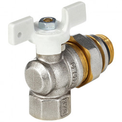 Кран шаровой латунный угловой Aquasfera Standard 1128 DN 15 PN 40 резьба - 1/2&amp;#039;&amp;#039;x3/4&amp;#039;&amp;#039;, покрытие - никель, полнопроходной резьбовой ВР-НР с американкой, ручка-бабочка белая 1128-01
