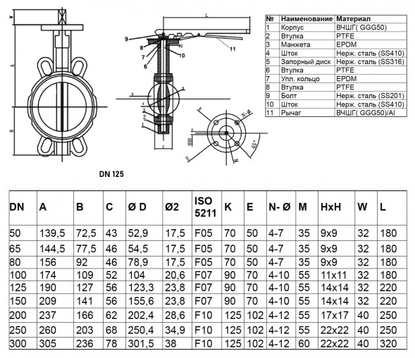 Затвор дисковый чугунный Benarmo 2051HA DN 125 PN 16 поворотный межфланцевый с рукояткой