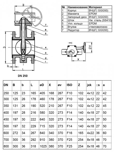 Затвор дисковый чугунный Benarmo 2110R DN 250 PN 16 поворотный фланцевый с редуктором