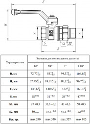 Кран шаровый VALFEX STANDART VF.225 ВР-НР 1 1/4" Ду 32 Ру 40 c американкой никелированный латунный